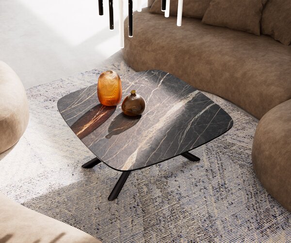 DELIFE Konferenčný stolík Edge zaoblený tvar 90x90 cm keramika Laminam® Noir Desir hnedá Sarity kov čierna