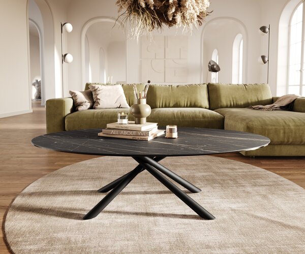 DELIFE Konferenčný stolík Edge oválny 140x80 cm keramika Laminam® Noir Desir hnedá Sarity kov čierna