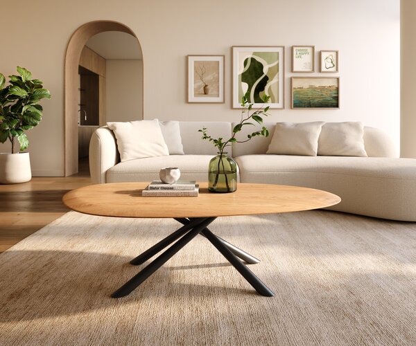 DELIFE Konferenčný stolík Edge oválny 140x75 cm dub prírodný okrúhla hrana Sarity kov čierna