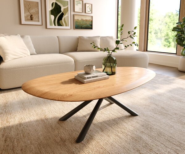DELIFE Konferenčný stolík Edge oválny 140x75 cm dub prírodný okrúhla hrana Sarity kov čierna