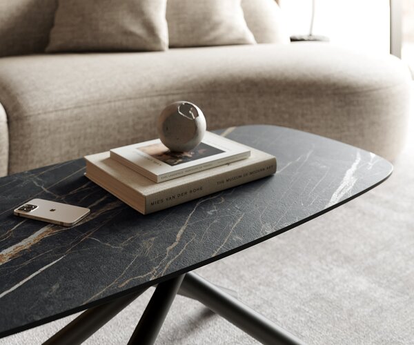 DELIFE Konferenčný stolík Edge zaoblený tvar 100x50 cm keramika Laminam® Noir Desir hnedá Sarity kov čierna
