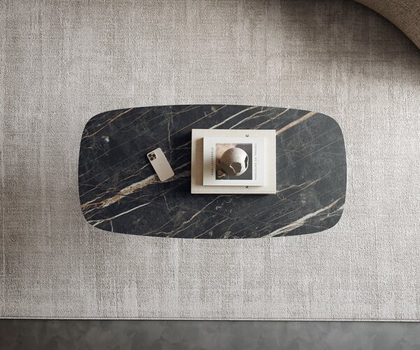 DELIFE Konferenčný stolík Edge zaoblený tvar 100x50 cm keramika Laminam® Noir Desir hnedá Sarity kov čierna