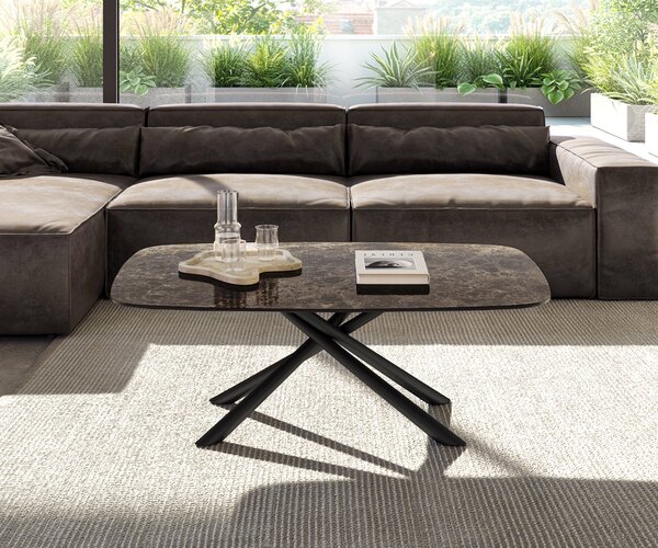DELIFE Konferenčný stolík Edge zaoblený 120x70 cm keramika Laminam® Emperador Extra Lucidato tmavohnedá Sarity kov čierna