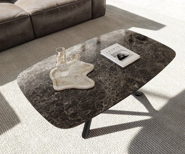 DELIFE Konferenčný stolík Edge zaoblený 120x70 cm keramika Laminam® Emperador Extra Lucidato tmavohnedá Sarity kov čierna