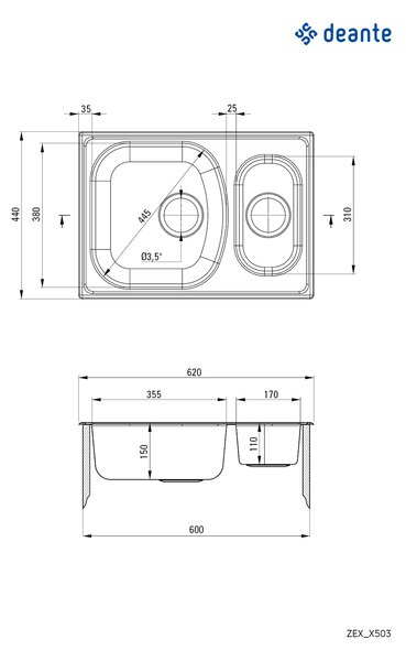 Deante Drez Xylo 1,5 komory, nerez - ZEX 0503