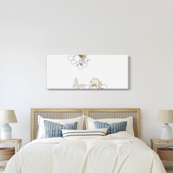 Obraz - Béžové kvety s motýľom N⁰2 (120x50 cm)