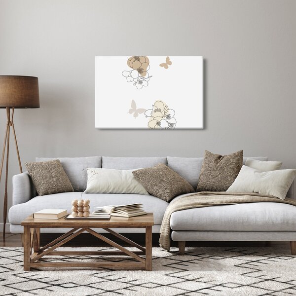 Obraz - Béžové kvety s motýľom N⁰2 (90x60 cm)