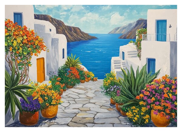 Sklenený obraz - Grécka ulička (70x50 cm)