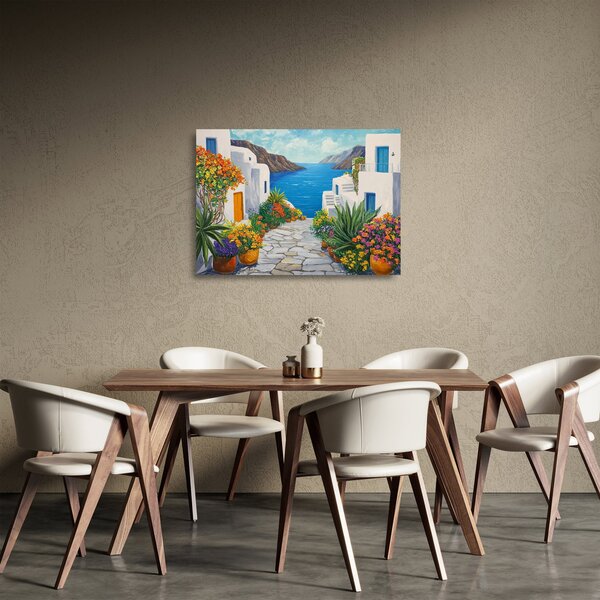 Sklenený obraz - Grécka ulička (70x50 cm)