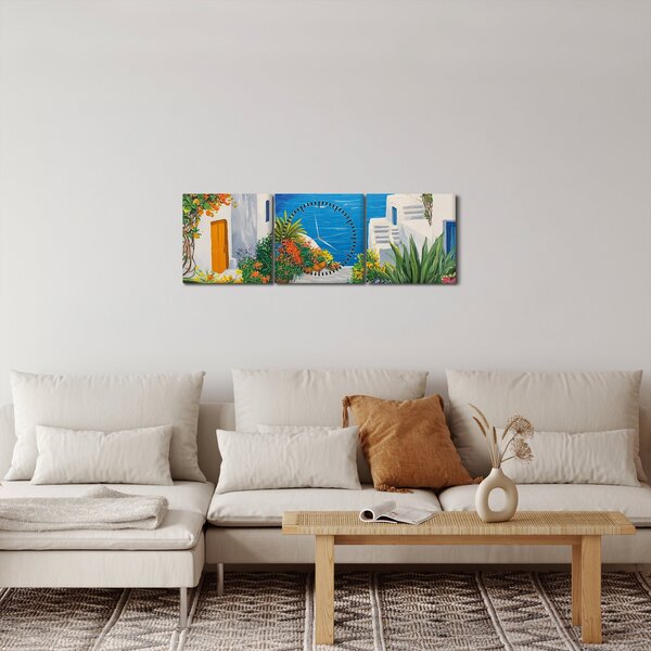Obraz - Grécka ulička (s hodinami) (90x30 cm)