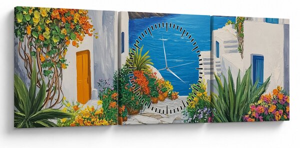 Obraz - Grécka ulička (s hodinami) (90x30 cm)
