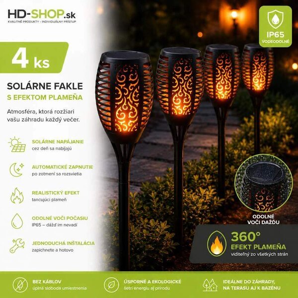 Solárna záhradná fakľa – efekt plameňa 360°, 12 LED, 58 cm, automatická (11262C-4 kusy)