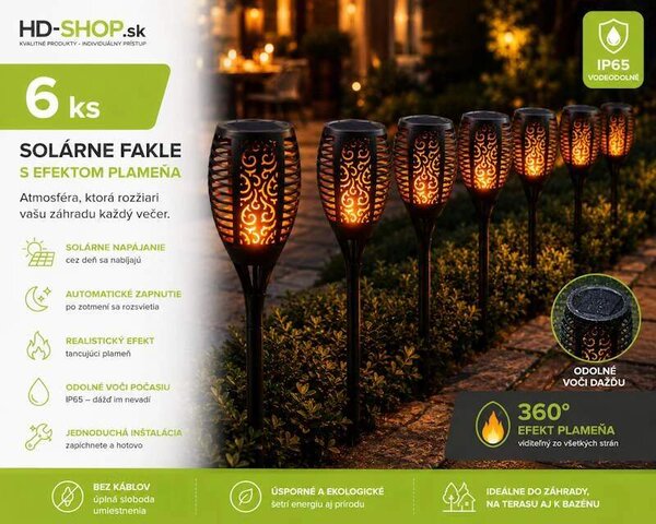 Solárna záhradná fakľa – efekt plameňa 360°, 12 LED, 58 cm, automatická (11262C-6 kusov)