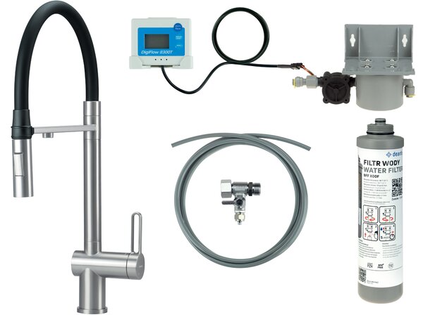 Deante Drezová batéria Magnetic s flexibilným ramenom a sprškou v komplete s filtrom vody - BRMFF75M, oceľ kartáčovaná