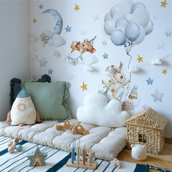 Detská nálepka na stenu Tiny world - zajačik s balónmi a tigrík na obláčiku