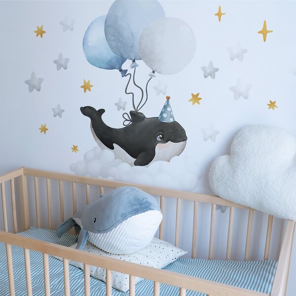 Detská nálepka na stenu Tiny world - veľryba s balónmi