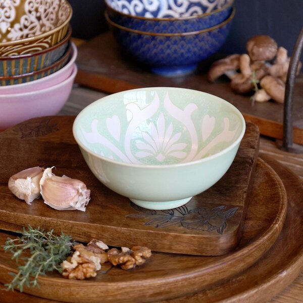 Zelená porcelánová miska s kvetmi vo vnútri Arés - Ø12*5,5 cm - Chic Antique