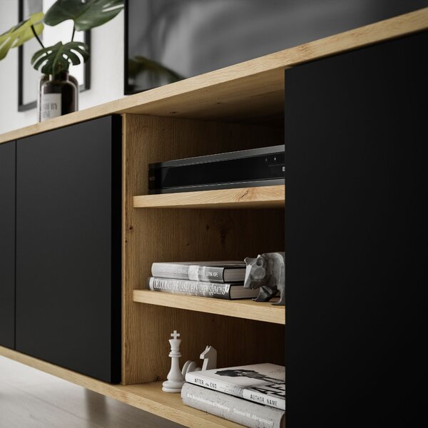 TV STOLÍK ALWIN DUB ARTISAN ČIERNY NA NOŽIČKÁCH 156 cm