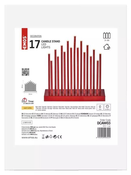 Emos LED svietnik červený, 28.5cm, 3xAA, vnútorný, teplá biela, časovač DCAW03 - Vianočná dekorácia