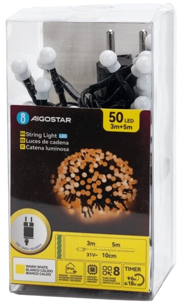 Aigostar - LED vonkajšia vianočná reťaz 50xLED/8 funkcií 8m IP44 teplá biela