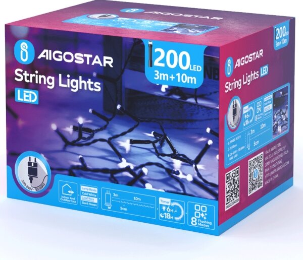Aigostar - LED Vonkajšia vianočná reťaz 200xLED/8 funkcií 13m IP44 studená biela