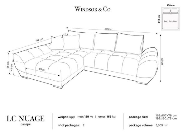Sivá rozkladacia rohová pohovka so zamatovým poťahom Windsor & Co Sofas Nuage, ľavý roh