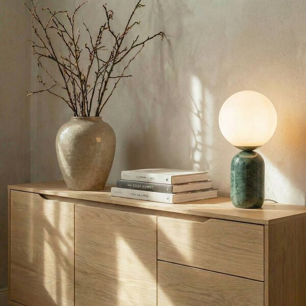 Stolová lampa Lindby Lennes x Eva Söllner, zelená, mramor, Ø 20 cm, Zelená, Obývacia izba / jedáleň, Kameň, Moderný, Stojacie svietidlo