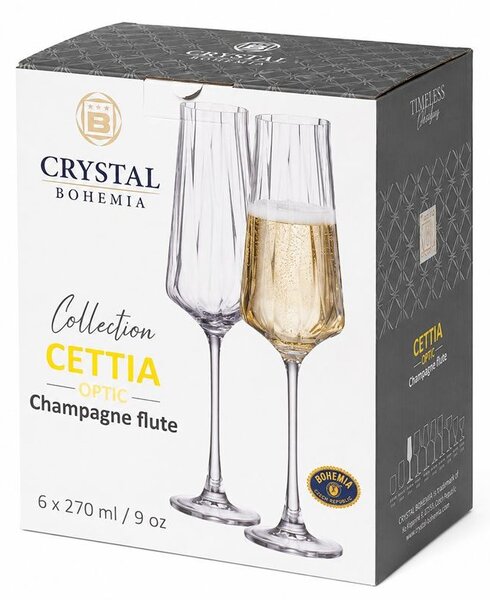 Crystal Bohemia Cettia optic poháre na sekt 270 ml 6 ks