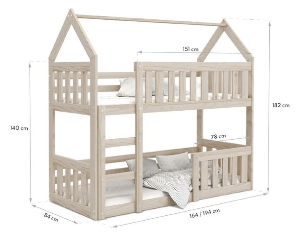 MAXMAX Detská poschodová domčeková posteľ z masívu borovice MINI s Montessori lôžkom - 160x80 cm - biela