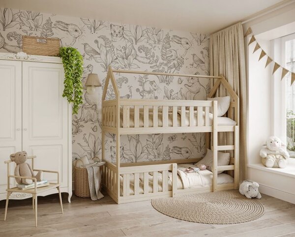 MAXMAX Detská poschodová domčeková posteľ z masívu borovice MINI s Montessori lôžkom - 160x80 cm - prírodná borovica