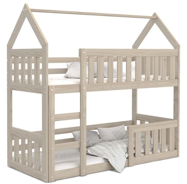 MAXMAX Detská poschodová domčeková posteľ z masívu borovice MINI s Montessori lôžkom - 160x80 cm - prírodná borovica