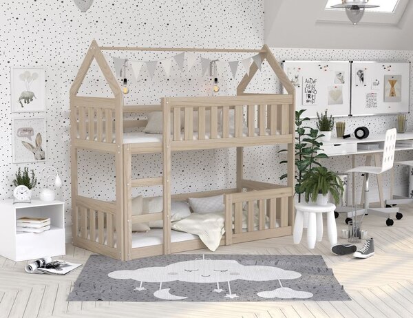 MAXMAX Detská poschodová domčeková posteľ z masívu borovice MINI s Montessori lôžkom - 160x80 cm - prírodná borovica