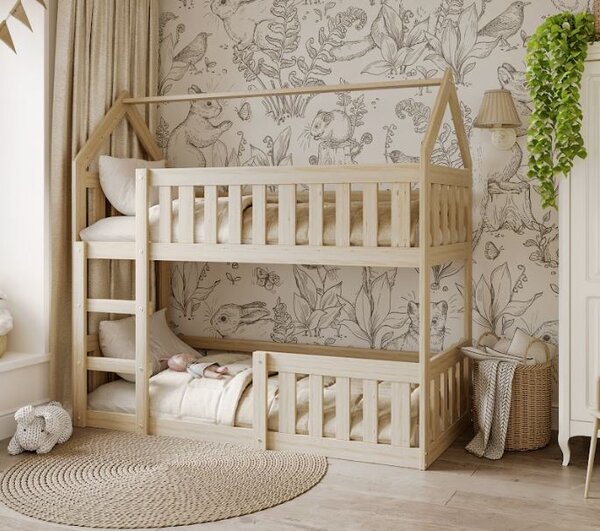 MAXMAX Detská poschodová domčeková posteľ z masívu borovice MINI s Montessori lôžkom - 160x80 cm - prírodná borovica