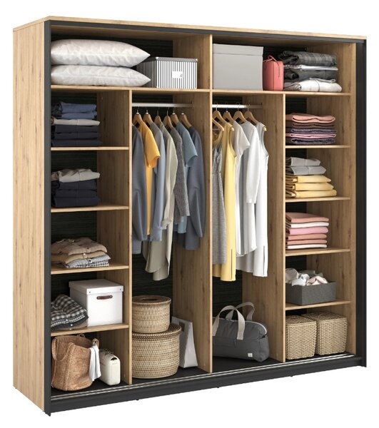 Šatníková skriňa s posuvnými dverami a osvetlením MAXIMO Dub Artisan / čierna 220 cm