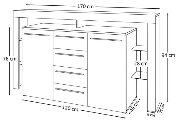 KOMODA ELIS LED BIELA ČIERNE ŠUPLÍKY VYSOKÝ LESK 170 cm