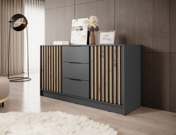 KOMODA LETIZIA S LAMELAMI ŠEDÁ / DUB ARTISAN 155 cm