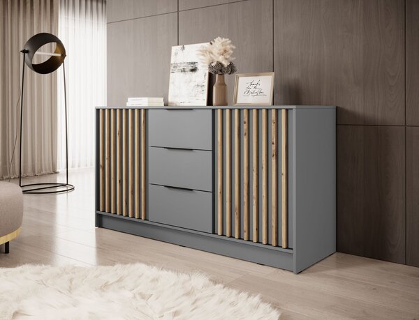 KOMODA LETIZIA S LAMELAMI SIVÁ / DUB ARTISAN 155 cm