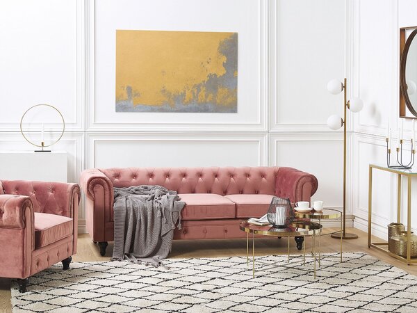Sedacia súprava chesterfield ružová zamatová čalúnená čierne nohy 3-miestna pohovka s kreslom moderná