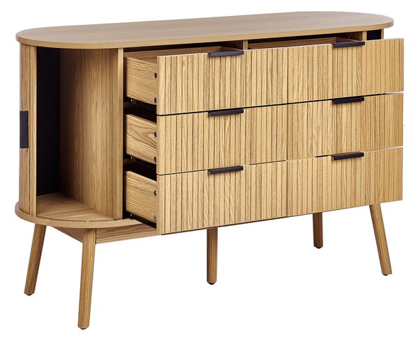 Komoda so 6 zásuvkami svetlé drevo drevené nohy z masívu MDF 2 posuvné dvierka obývacia izba
