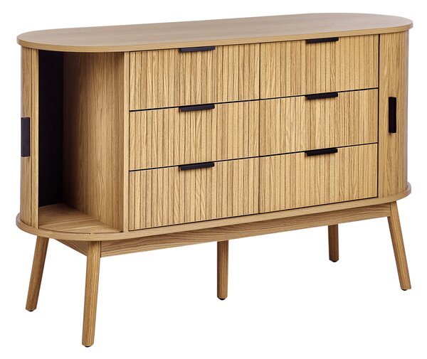 Komoda so 6 zásuvkami svetlé drevo drevené nohy z masívu MDF 2 posuvné dvierka obývacia izba