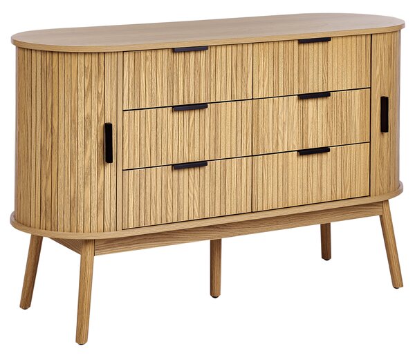 Komoda so 6 zásuvkami svetlé drevo drevené nohy z masívu MDF 2 posuvné dvierka obývacia izba
