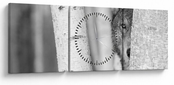 Obraz - Vlk v lese (s hodinami) (90x30 cm)