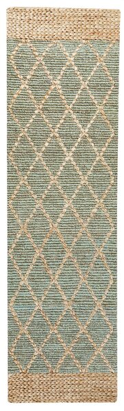 Koberec béžový a zelený jutový 80 x 300 cm ručne tkaný behúň s geometrickým vzorom boho chodba spálňa