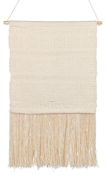 Nástenná dekorácia béžová bavlna borovicové drevo pletená ručná výroba so strapcami makramé boho štýl doplnky dekorácie