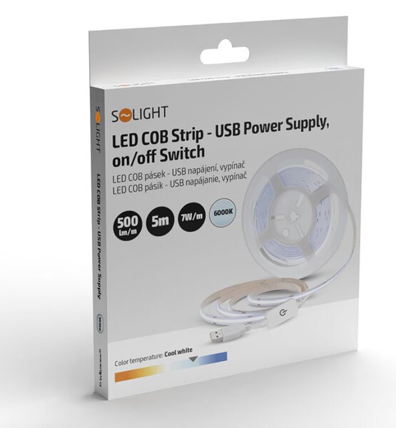 SOLIGHT LED COB pásik 3m 7W/m 500lm/m 6000K denná modrá USB napájanie vypínač 8mm