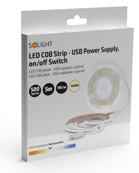 SOLIGHT LED COB pásik 3m 7W/m 500lm/m 4000K neutrálna biela USB napájanie vypínač 8mm