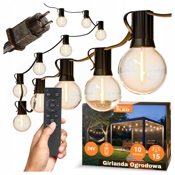 Smart LED Záhradná stmievateľná girlanda 10m 15xLED žiarovka E12 24V, diaľkové ovládanie