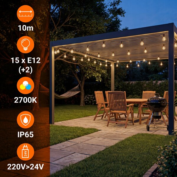 Smart LED Záhradná stmievateľná girlanda 10m 15xLED žiarovka E12 24V, diaľkové ovládanie