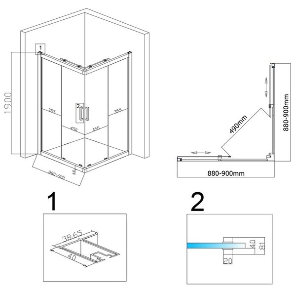 BPS-koupelny Štvorcový sprchový kút KZ102B 90x90 chróm/transparent + vanička RIKO BL čierna