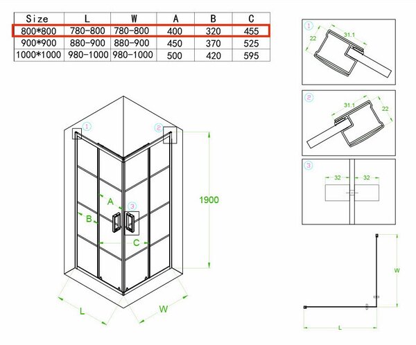 BPS-koupelny Štvorcový sprchový kút BL32A 80x80 čierny/transparent - bez vaničky